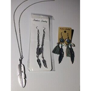 Feather Earrings(2) & Necklace Jewelry Bundle- New